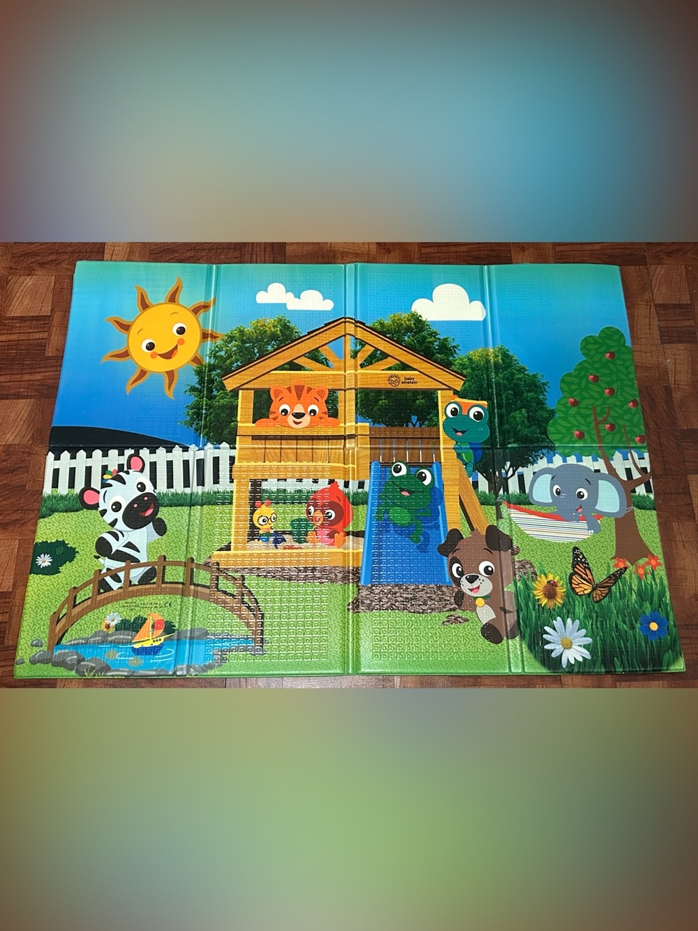 Colorful Kids Playmat with Animal Playground Design - Blue/Green